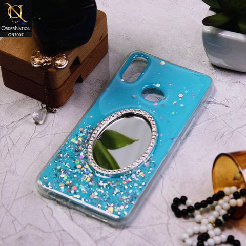 Samsung Galaxy A10s Cover - Blue - RhineStone Design Oval Mirror Soft Case - Glitter Does Not Move