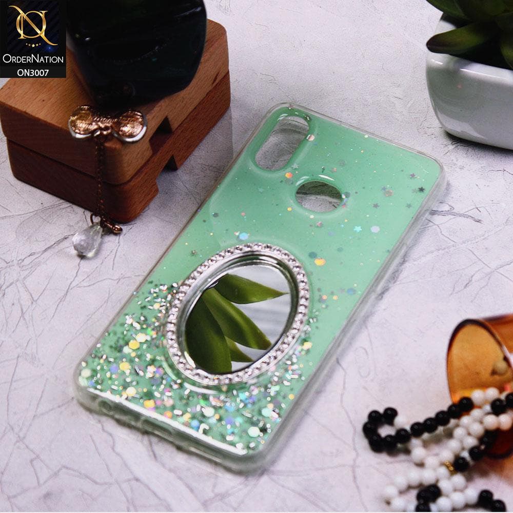Samsung Galaxy A10s Cover - Green - RhineStone Design Oval Mirror Soft Case - Glitter Does Not Move