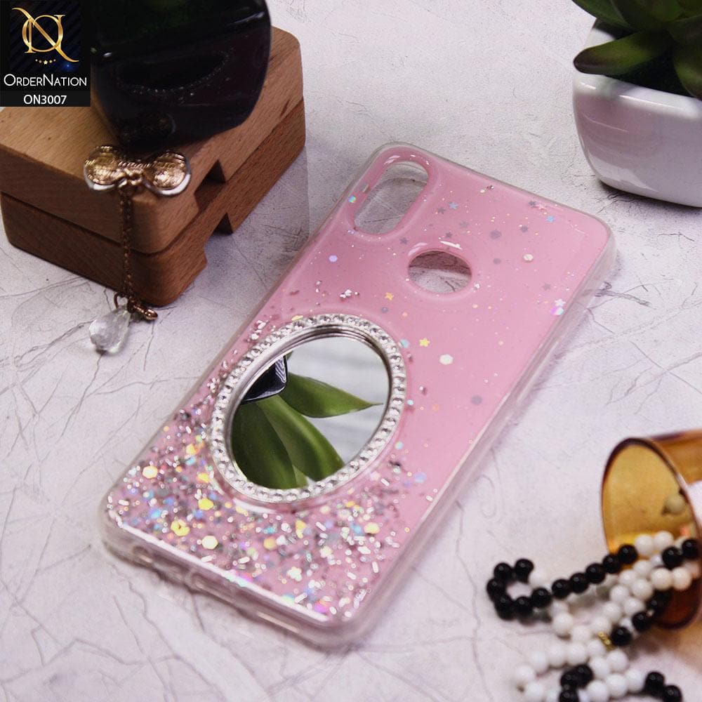Samsung Galaxy A10s Cover - Pink - RhineStone Design Oval Mirror Soft Case - Glitter Does Not Move