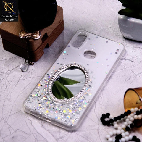 Samsung Galaxy A10s Cover - White - RhineStone Design Oval Mirror Soft Case - Glitter Does Not Move