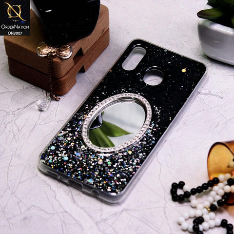 Samsung Galaxy A30 Cover - Black - RhineStone Design Oval Mirror Soft Case - Glitter Does Not Move