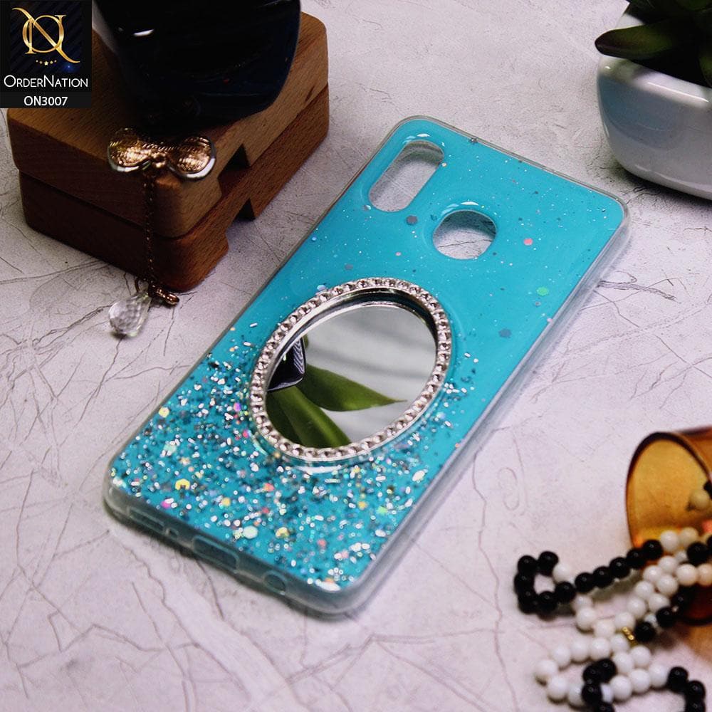Samsung Galaxy A30 Cover - Blue - RhineStone Design Oval Mirror Soft Case - Glitter Does Not Move