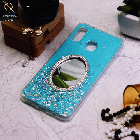 Samsung Galaxy A30 Cover - Blue - RhineStone Design Oval Mirror Soft Case - Glitter Does Not Move