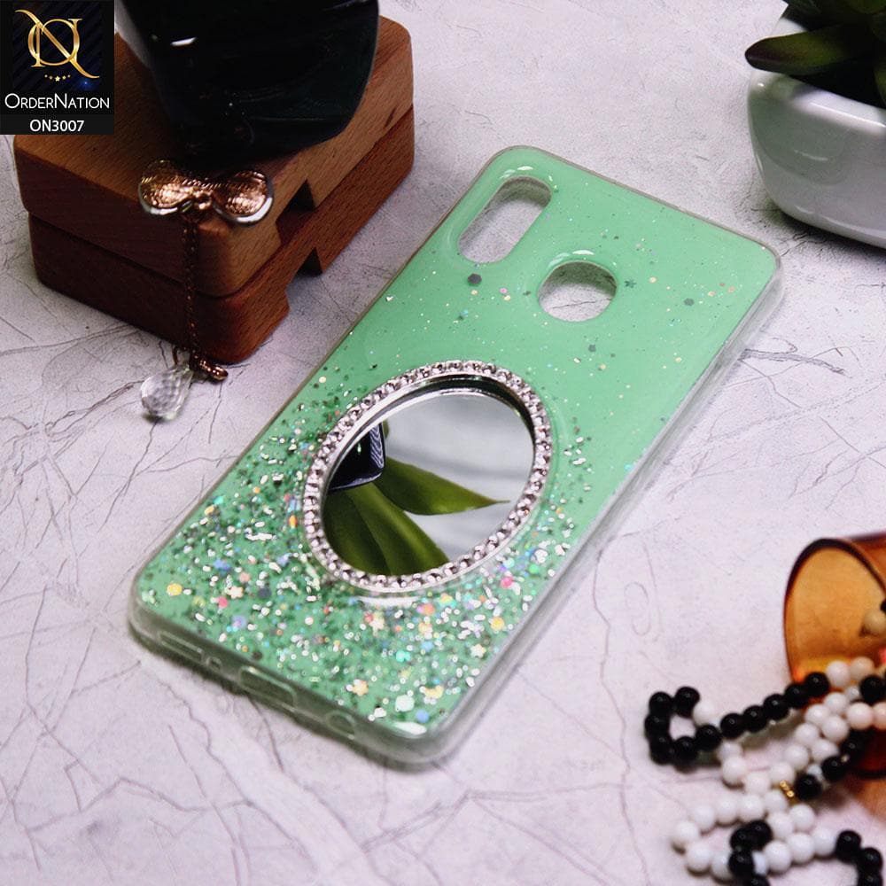 Samsung Galaxy A20 Cover - Green - RhineStone Design Oval Mirror Soft Case - Glitter Does Not Move