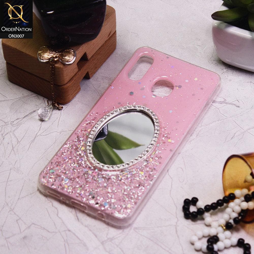 Samsung Galaxy A20 Cover - Pink - RhineStone Design Oval Mirror Soft Case - Glitter Does Not Move