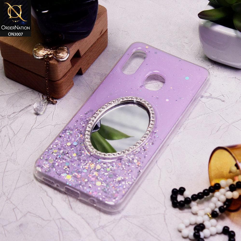 Samsung Galaxy A20 Cover - Purple - RhineStone Design Oval Mirror Soft Case - Glitter Does Not Move