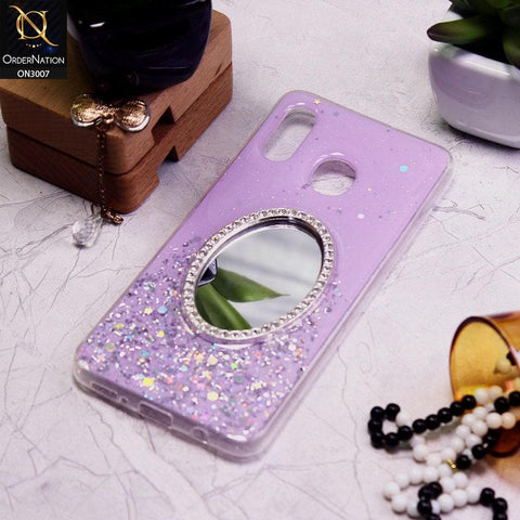 Samsung Galaxy A20 Cover - Purple - RhineStone Design Oval Mirror Soft Case - Glitter Does Not Move