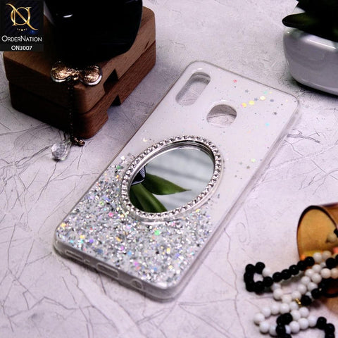 Samsung Galaxy A30 Cover - White - RhineStone Design Oval Mirror Soft Case - Glitter Does Not Move