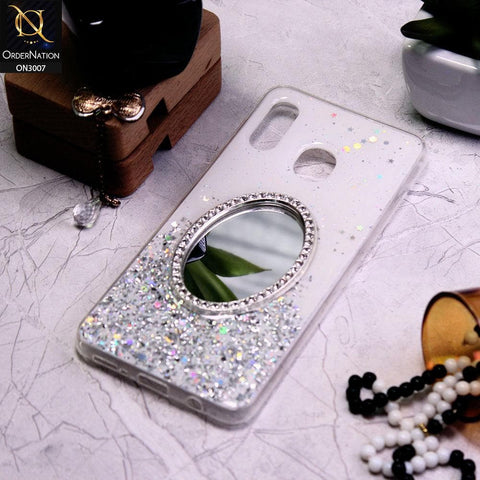Samsung Galaxy A20 Cover - White - RhineStone Design Oval Mirror Soft Case - Glitter Does Not Move