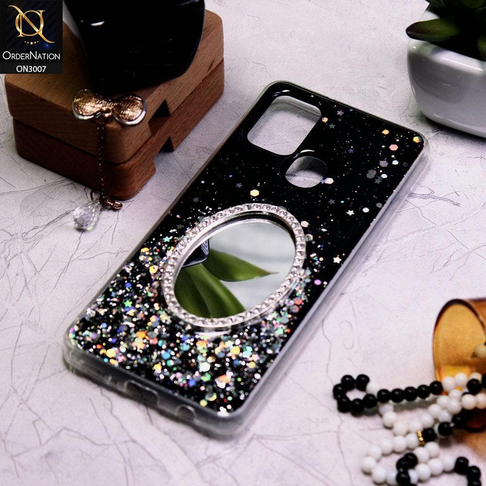 Samsung Galaxy A21s Cover - Black - RhineStone Design Oval Mirror Soft Case - Glitter Does Not Move