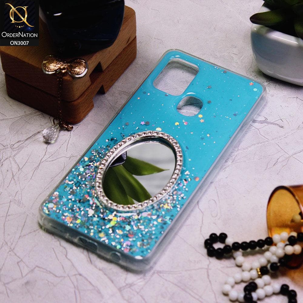 Samsung Galaxy A21s Cover - Blue - RhineStone Design Oval Mirror Soft Case - Glitter Does Not Move