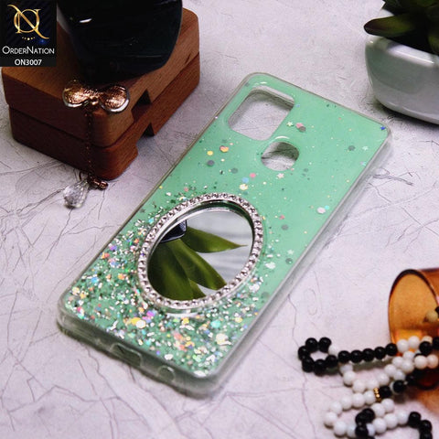 Samsung Galaxy A21s Cover - Green - RhineStone Design Oval Mirror Soft Case - Glitter Does Not Move