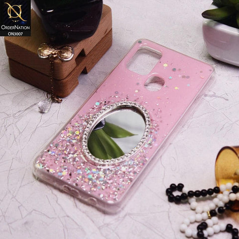 Samsung Galaxy A21s Cover - Pink - RhineStone Design Oval Mirror Soft Case - Glitter Does Not Move