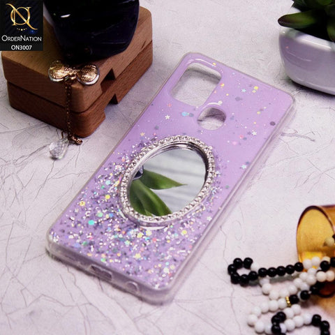Samsung Galaxy A21s Cover - Purple - RhineStone Design Oval Mirror Soft Case - Glitter Does Not Move