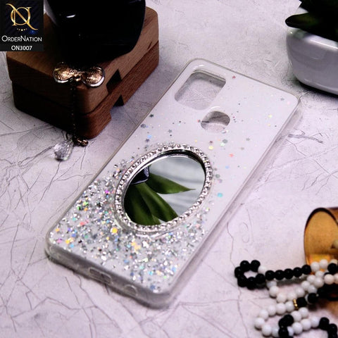 Samsung Galaxy A21s Cover - White - RhineStone Design Oval Mirror Soft Case - Glitter Does Not Move