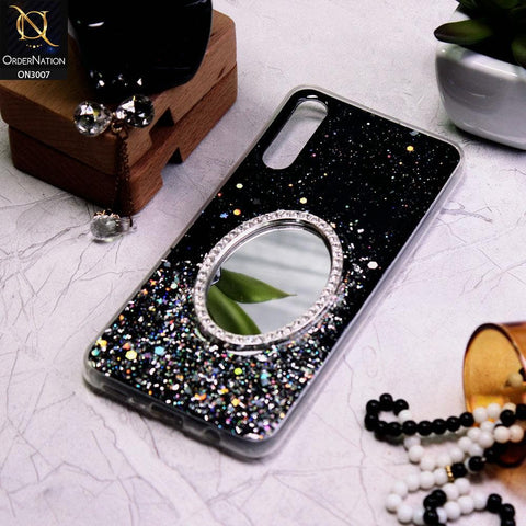 Samsung Galaxy A50 Cover - Black - RhineStone Design Oval Mirror Soft Case - Glitter Does Not Move