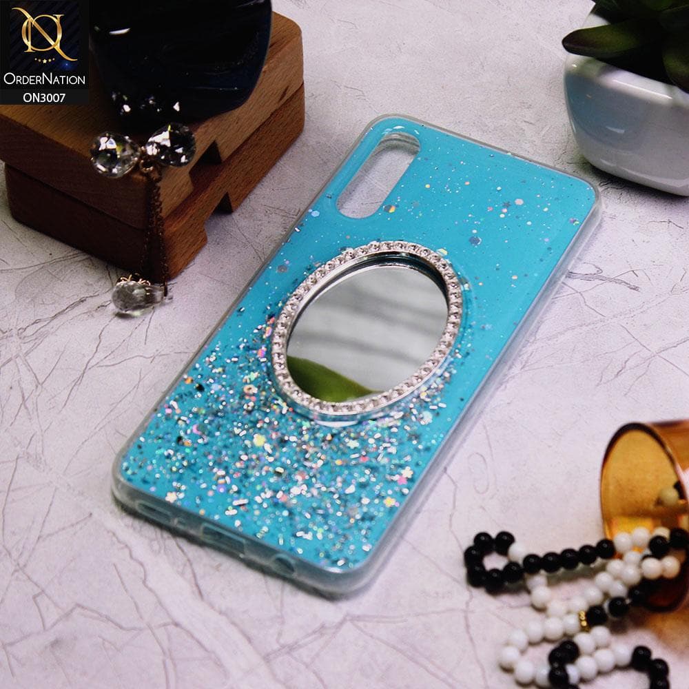 Samsung Galaxy A50s Cover - Blue - RhineStone Design Oval Mirror Soft Case - Glitter Does Not Move