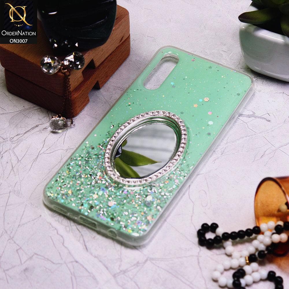 Samsung Galaxy A30s Cover - Green - RhineStone Design Oval Mirror Soft Case - Glitter Does Not Move