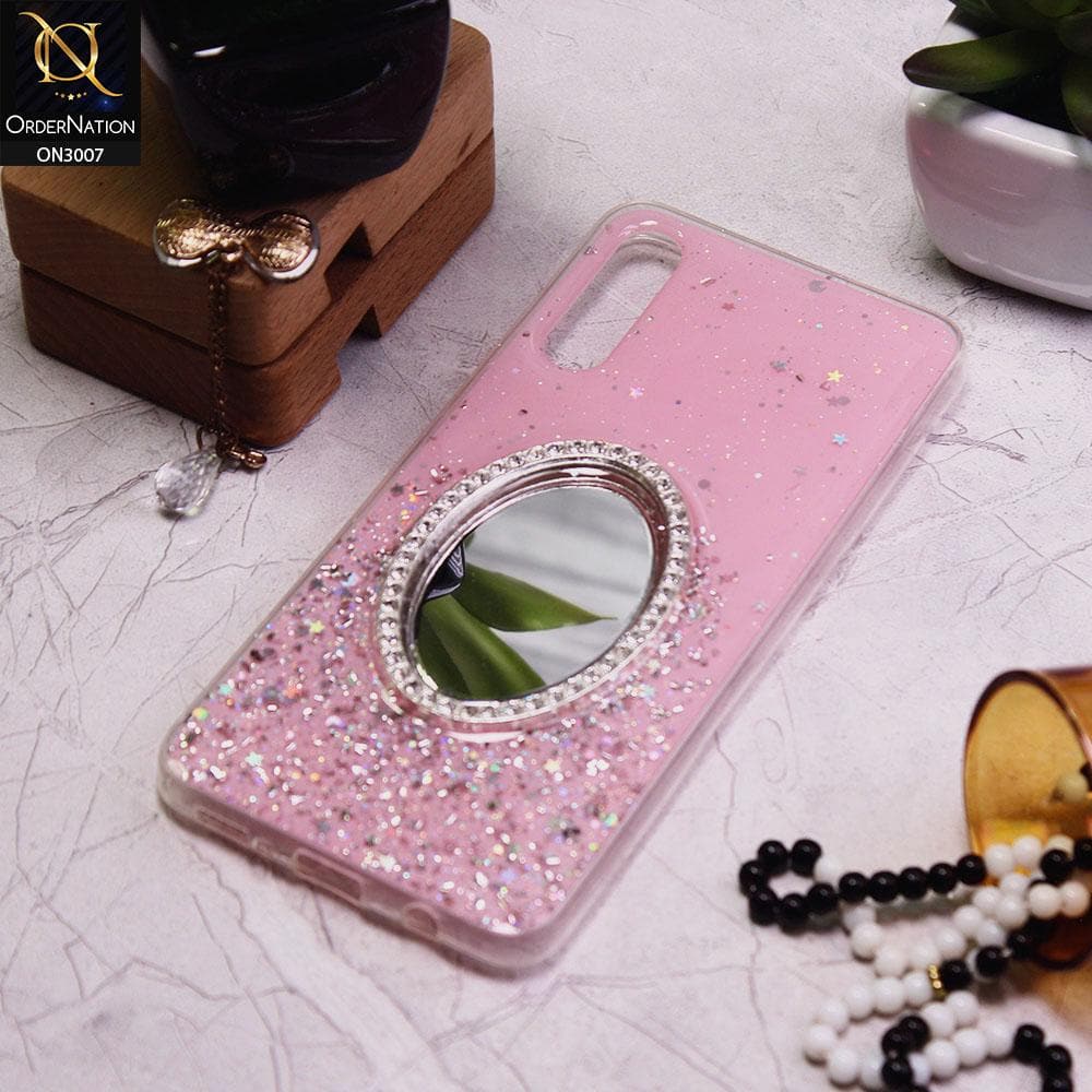 Samsung Galaxy A50 Cover - Pink - RhineStone Design Oval Mirror Soft Case - Glitter Does Not Move