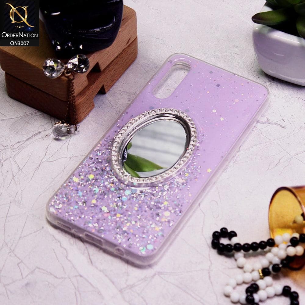 Samsung Galaxy A50 Cover - Purple - RhineStone Design Oval Mirror Soft Case - Glitter Does Not Move