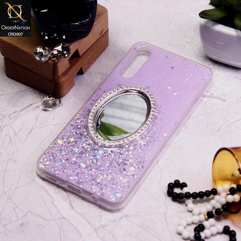Samsung Galaxy A50 Cover - Purple - RhineStone Design Oval Mirror Soft Case - Glitter Does Not Move