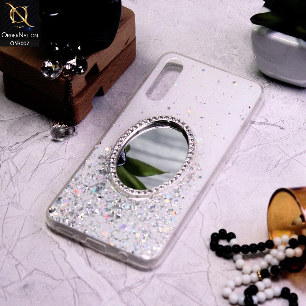 Samsung Galaxy A30s Cover - White - RhineStone Design Oval Mirror Soft Case - Glitter Does Not Move