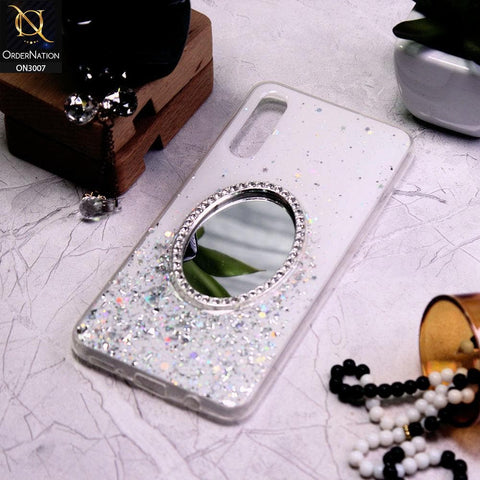 Samsung Galaxy A30s Cover - White - RhineStone Design Oval Mirror Soft Case - Glitter Does Not Move