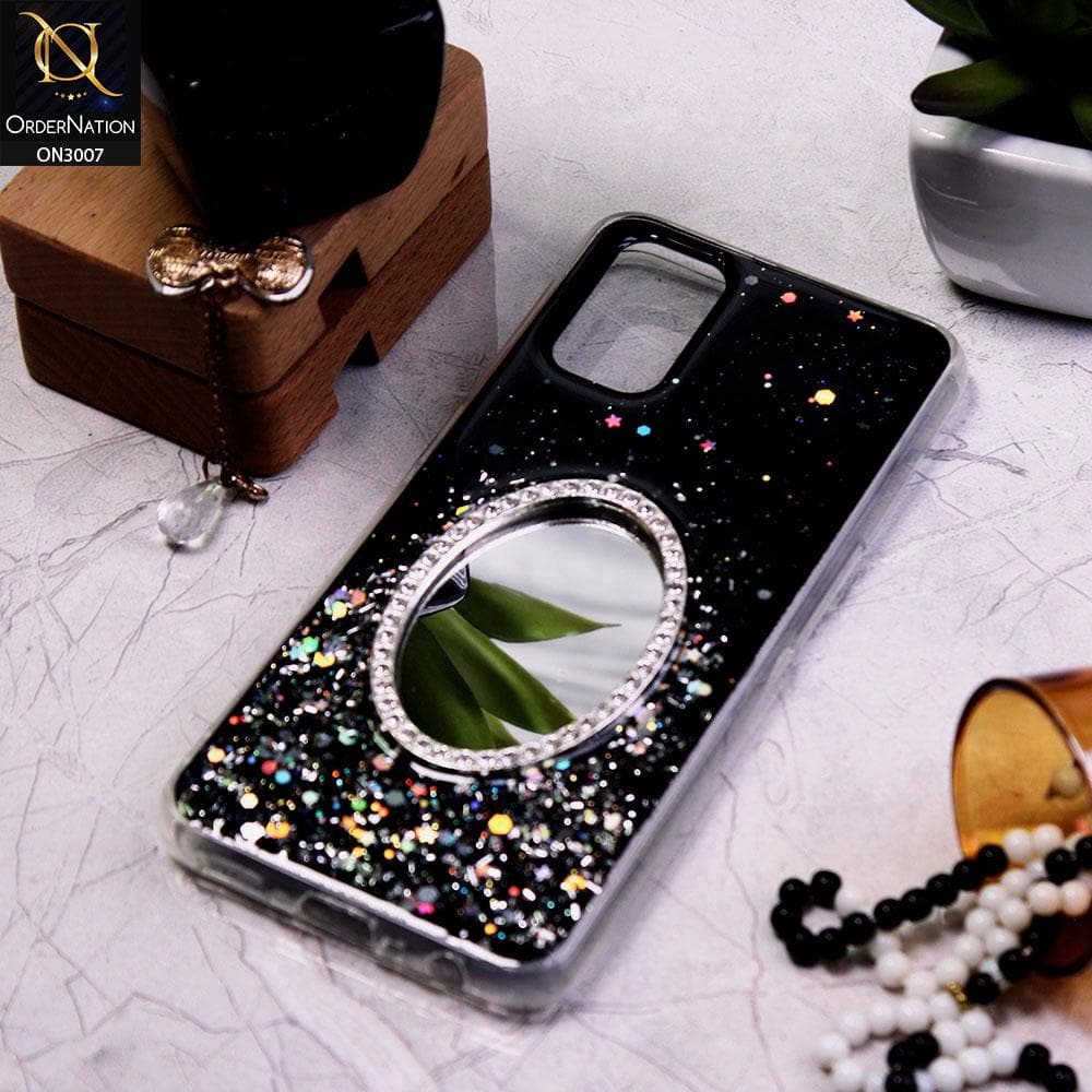 Oppo A52 Cover - Black - RhineStone Design Oval Mirror Soft Case - Glitter Does Not Move