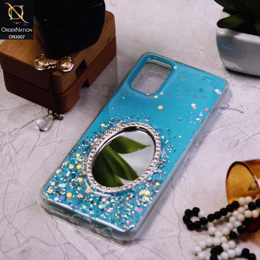 Oppo A72 Cover - Blue - RhineStone Design Oval Mirror Soft Case - Glitter Does Not Move