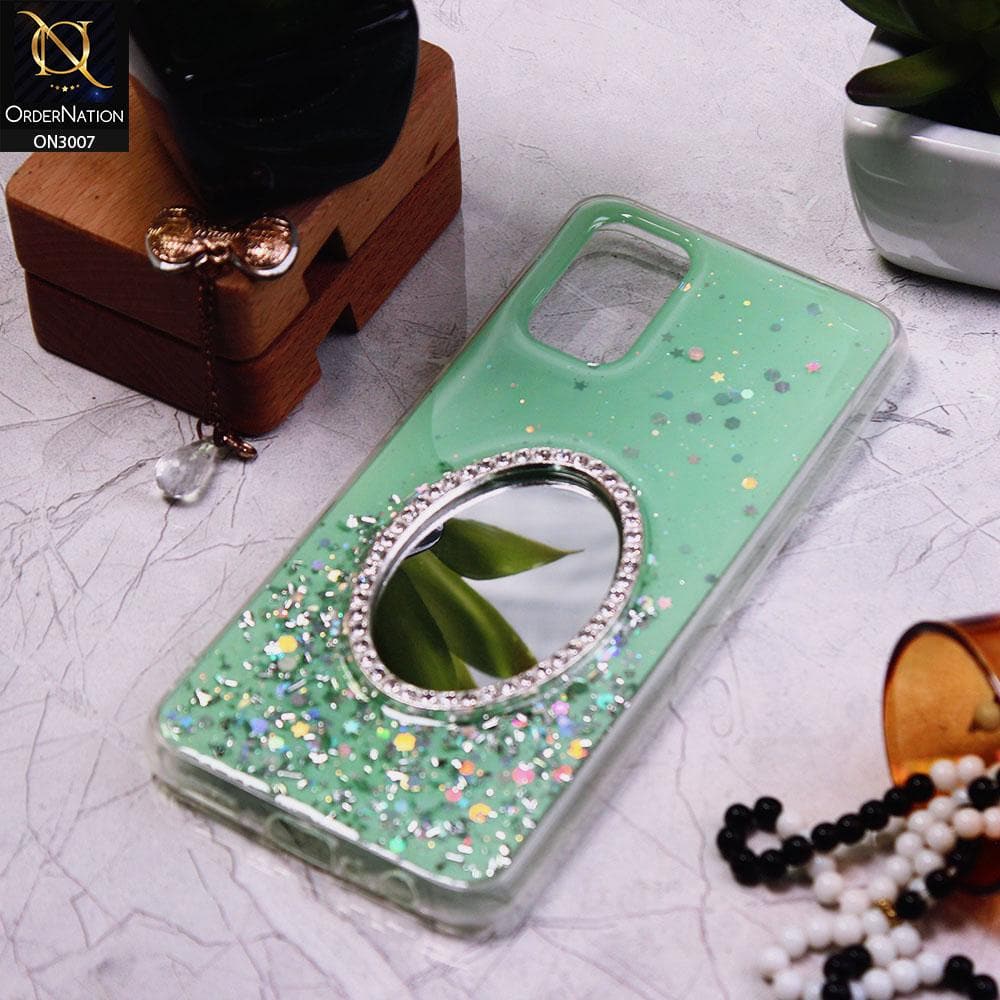 Oppo A92 Cover - Green - RhineStone Design Oval Mirror Soft Case - Glitter Does Not Move