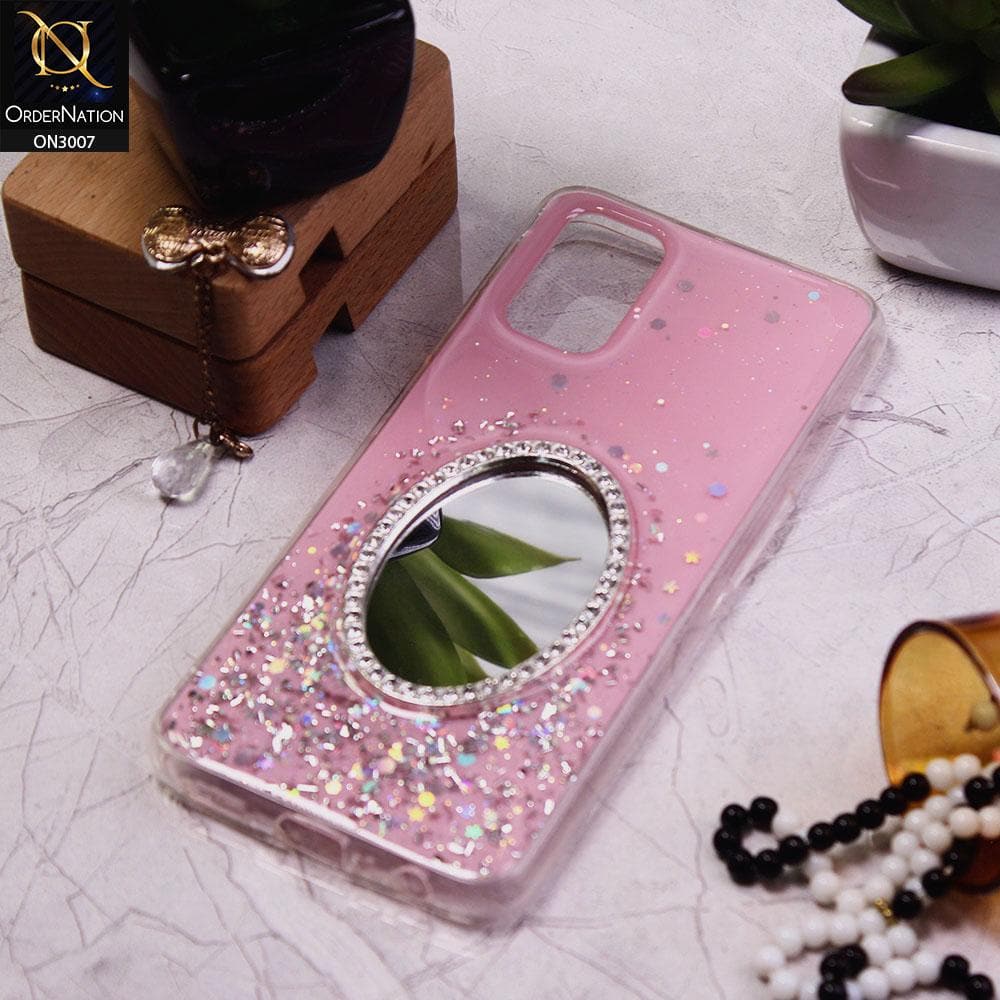 Oppo A92 Cover - Pink - RhineStone Design Oval Mirror Soft Case - Glitter Does Not Move