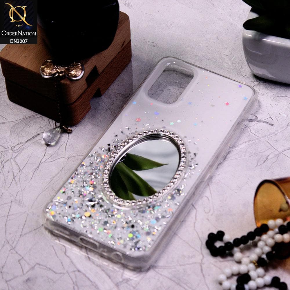Oppo A52 Cover - White - RhineStone Design Oval Mirror Soft Case - Glitter Does Not Move