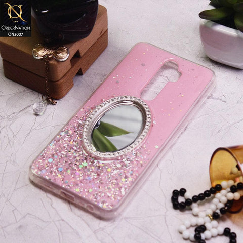 Oppo A5 2020 Cover - Pink - RhineStone Design Oval Mirror Soft Case - Glitter Does Not Move