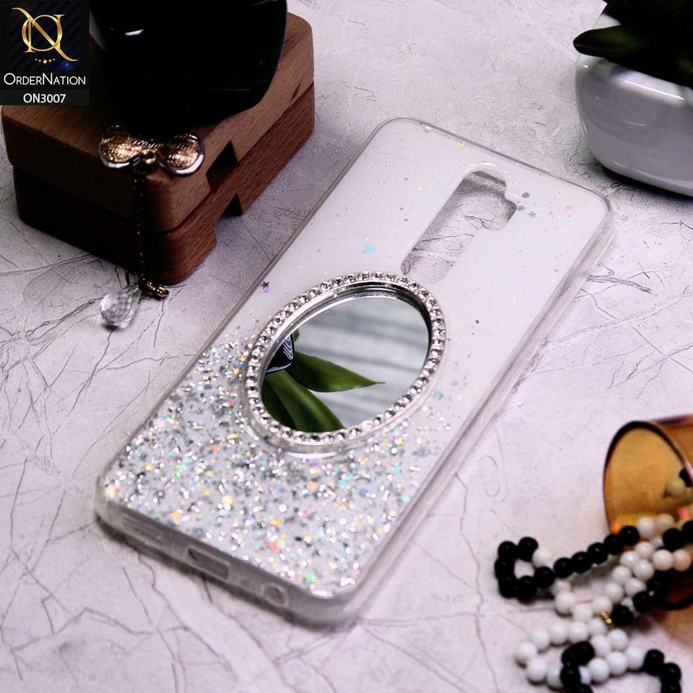 Oppo A5 2020 Cover - White - RhineStone Design Oval Mirror Soft Case - Glitter Does Not Move