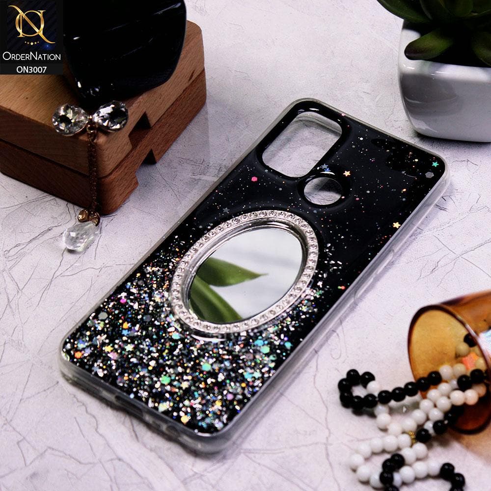 Oppo A53 Cover - Black - RhineStone Design Oval Mirror Soft Case - Glitter Does Not Move