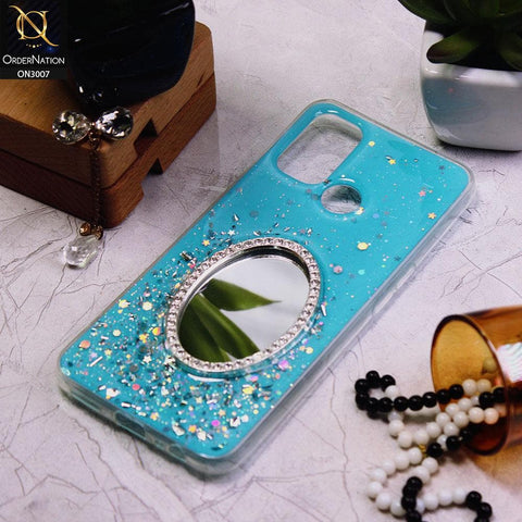 Oppo A53 Cover - Blue - RhineStone Design Oval Mirror Soft Case - Glitter Does Not Move