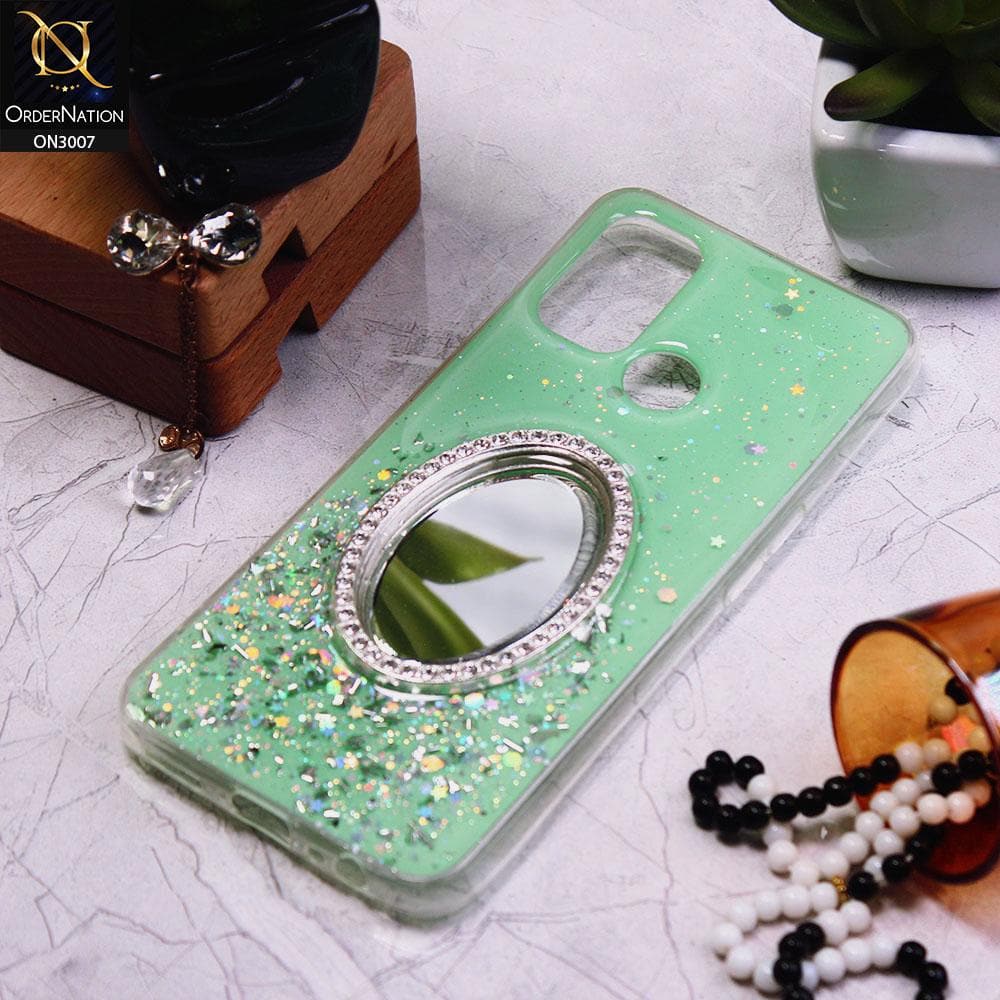 Oppo A53s Cover - Green - RhineStone Design Oval Mirror Soft Case - Glitter Does Not Move