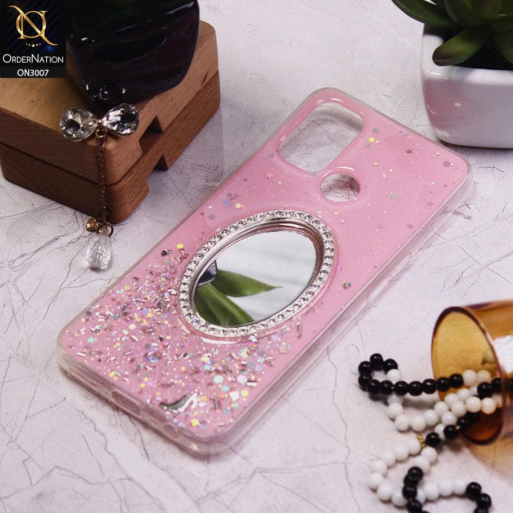 Oppo A53s Cover - Pink - RhineStone Design Oval Mirror Soft Case - Glitter Does Not Move