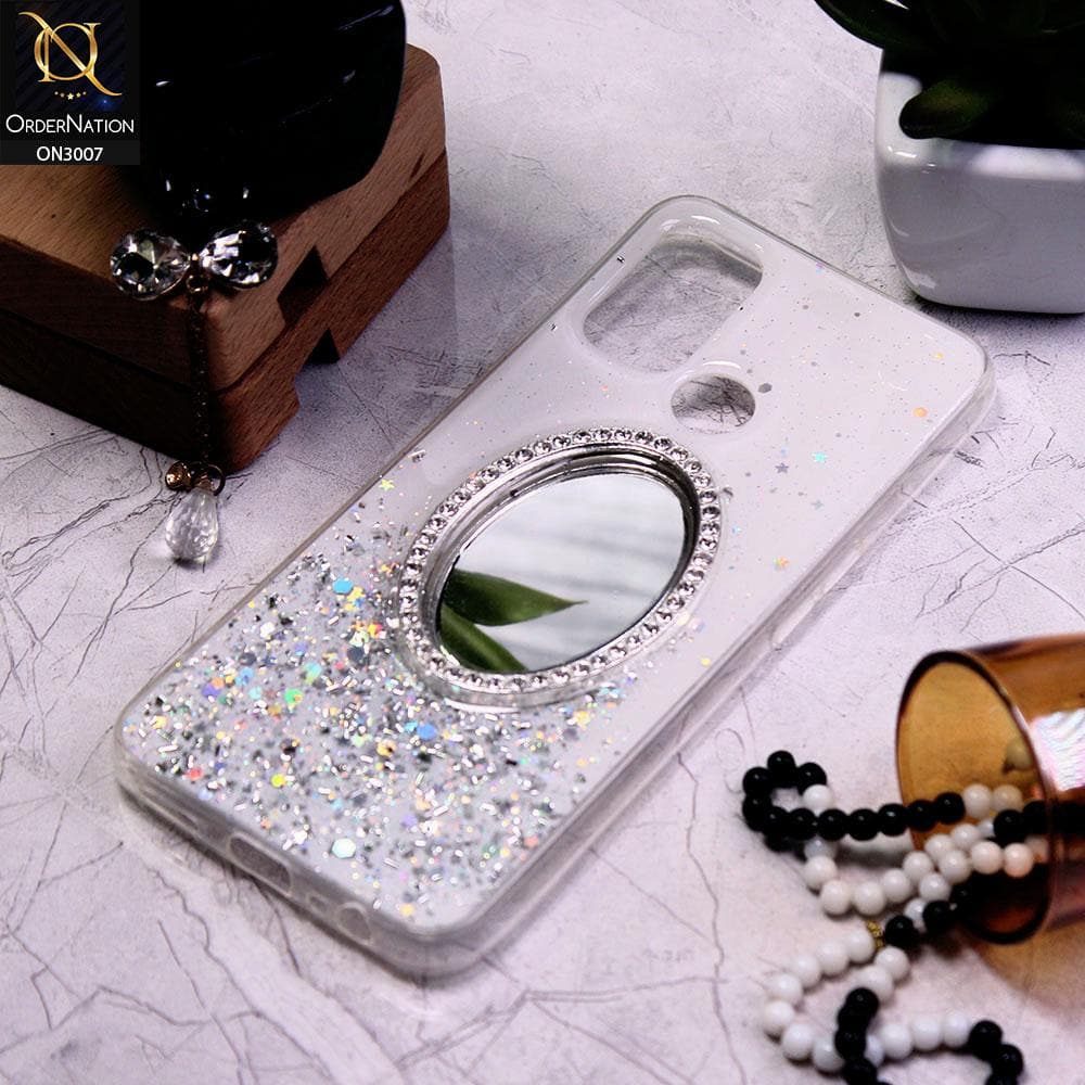 Oppo A53 Cover - White - RhineStone Design Oval Mirror Soft Case - Glitter Does Not Move