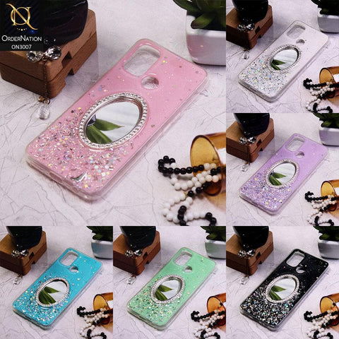 Samsung Galaxy A30s Cover - Green - RhineStone Design Oval Mirror Soft Case - Glitter Does Not Move