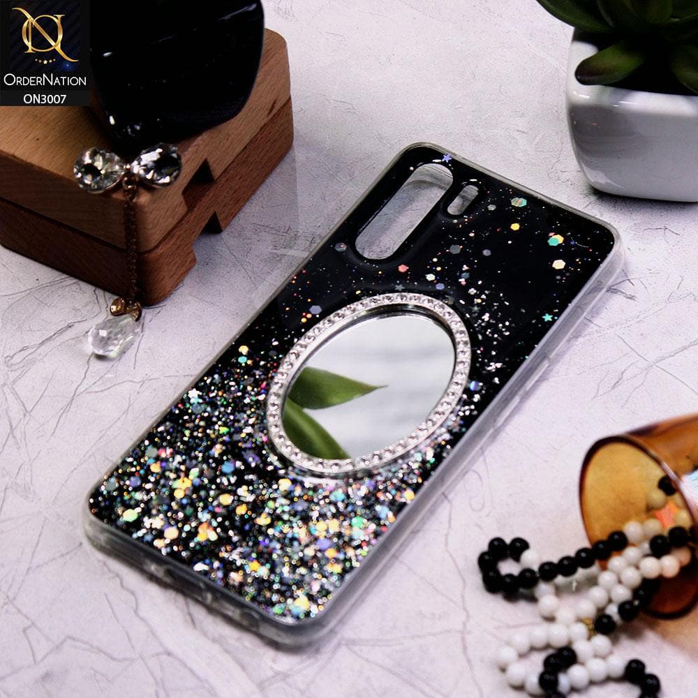 Oppo F15 Cover - Black - RhineStone Design Oval Mirror Soft Case - Glitter Does Not Move