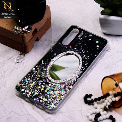 Oppo A91 Cover - Black - RhineStone Design Oval Mirror Soft Case - Glitter Does Not Move