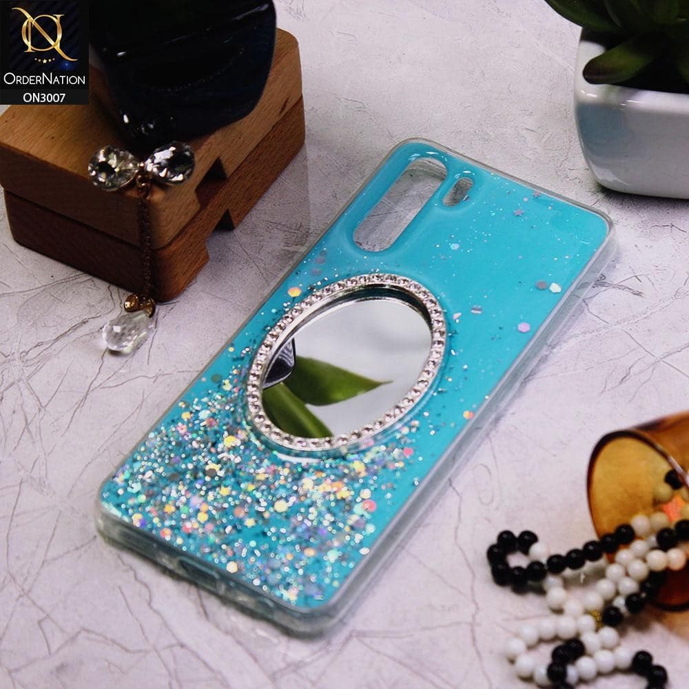 Oppo F15 Cover - Blue - RhineStone Design Oval Mirror Soft Case - Glitter Does Not Move
