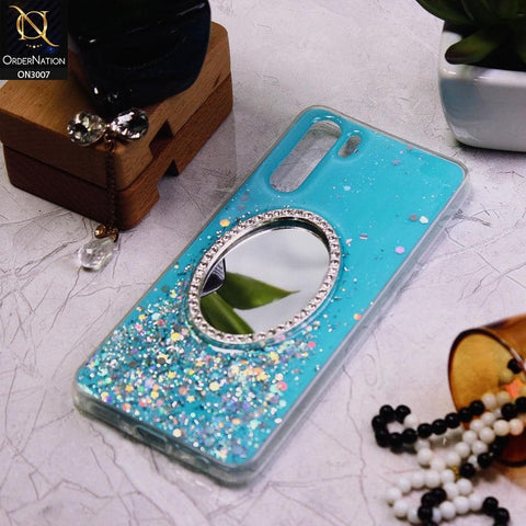 Oppo F15 Cover - Blue - RhineStone Design Oval Mirror Soft Case - Glitter Does Not Move