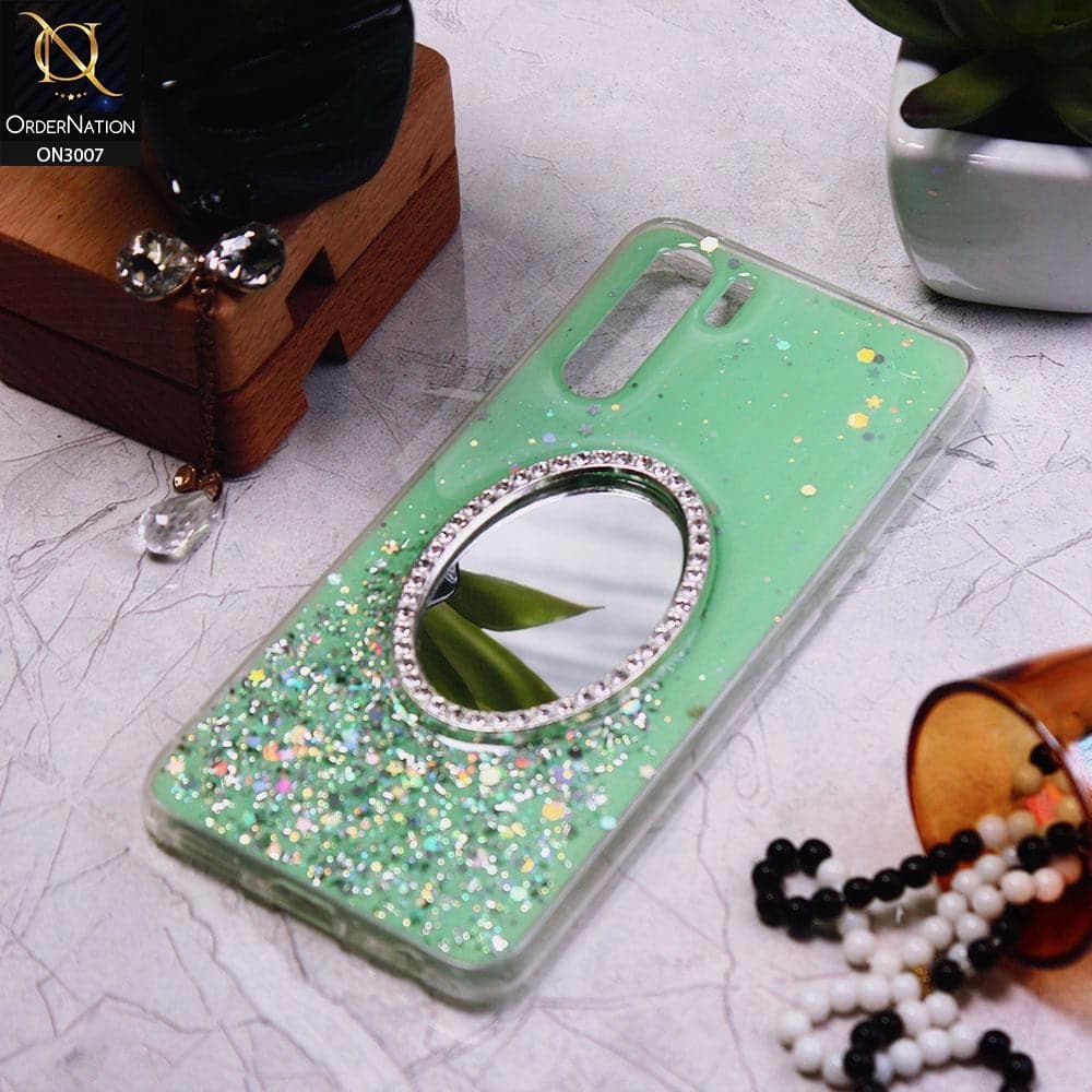 Oppo F15 Cover - Green - RhineStone Design Oval Mirror Soft Case - Glitter Does Not Move