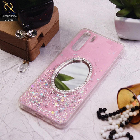 Oppo A91 Cover - Pink - RhineStone Design Oval Mirror Soft Case - Glitter Does Not Move