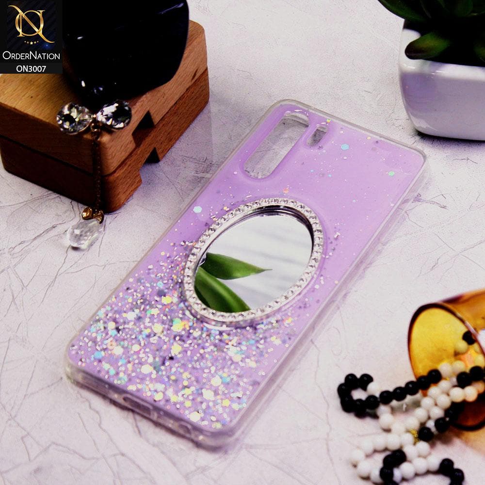 Oppo A91 Cover - Purple - RhineStone Design Oval Mirror Soft Case - Glitter Does Not Move