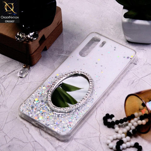 Oppo F15 Cover - White - RhineStone Design Oval Mirror Soft Case - Glitter Does Not Move