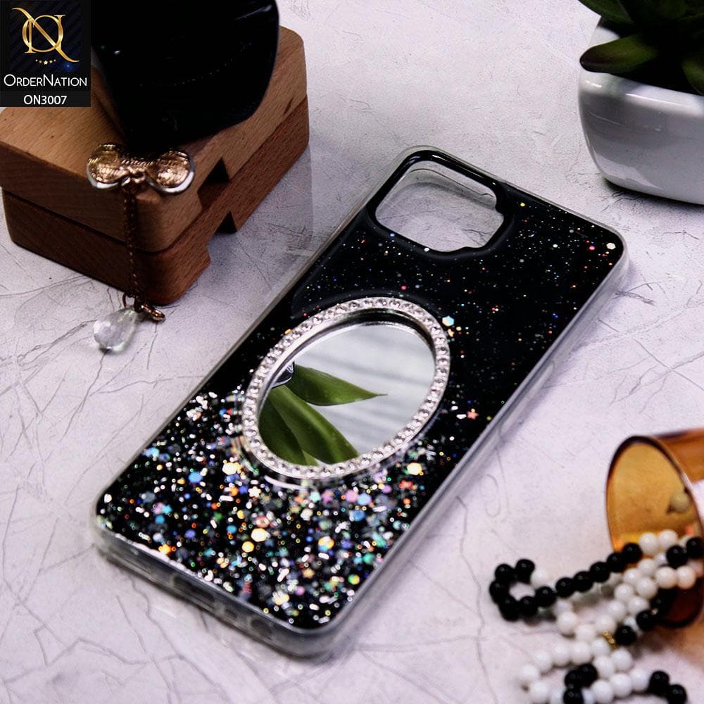 Oppo F17 Pro Cover - Black - RhineStone Design Oval Mirror Soft Case - Glitter Does Not Move