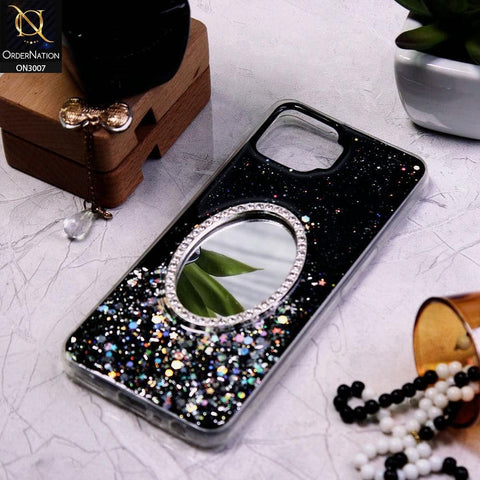 Oppo F17 Cover - Black - RhineStone Design Oval Mirror Soft Case - Glitter Does Not Move